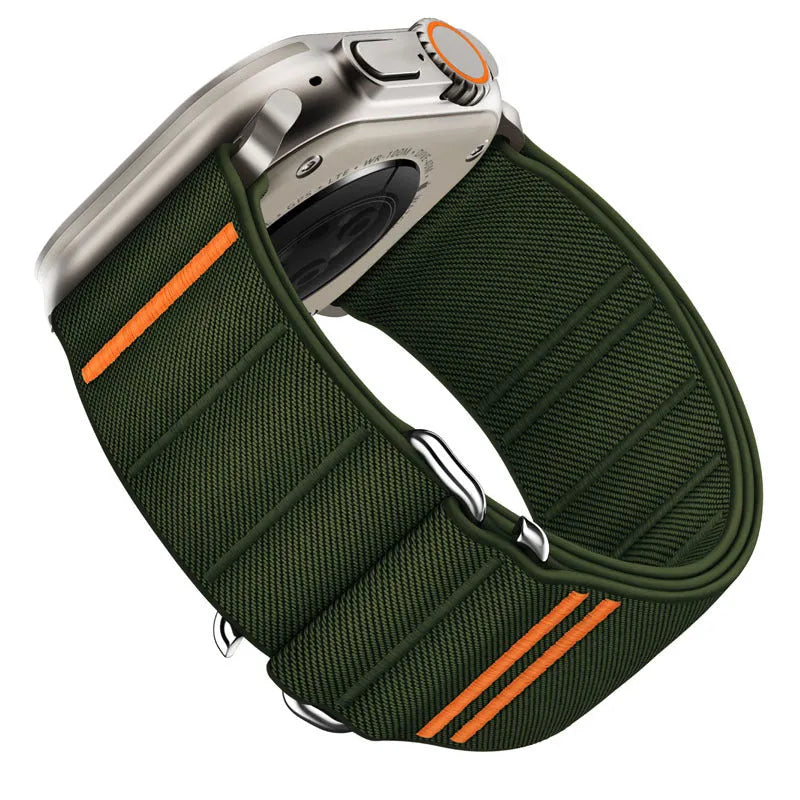 Elastic nylon Apple Watch band with stainless steel buckle in multiple colour options.