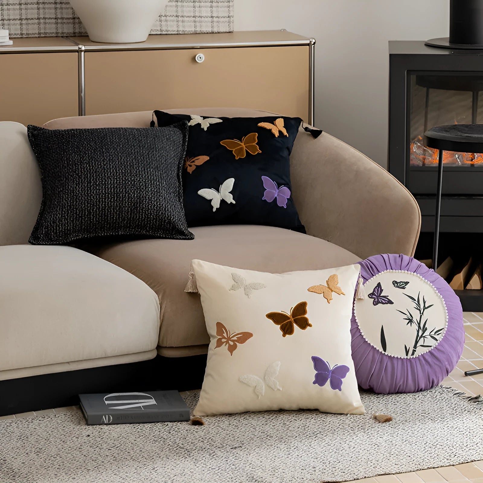 Square embroidered butterfly cushion with Chinese pattern in beige black purple colours