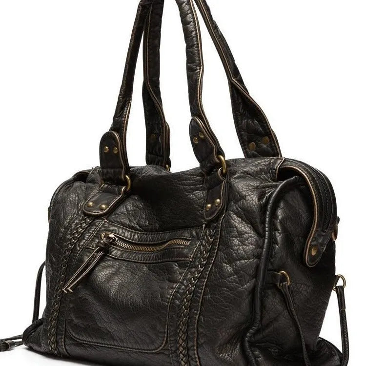 Women's French retro motorcycle messenger shoulder bag in soft PU leather with woven detailing