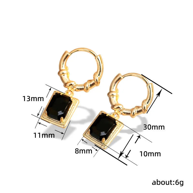 Copper geometric earrings with quadrilateral design in black zircon French court drop style