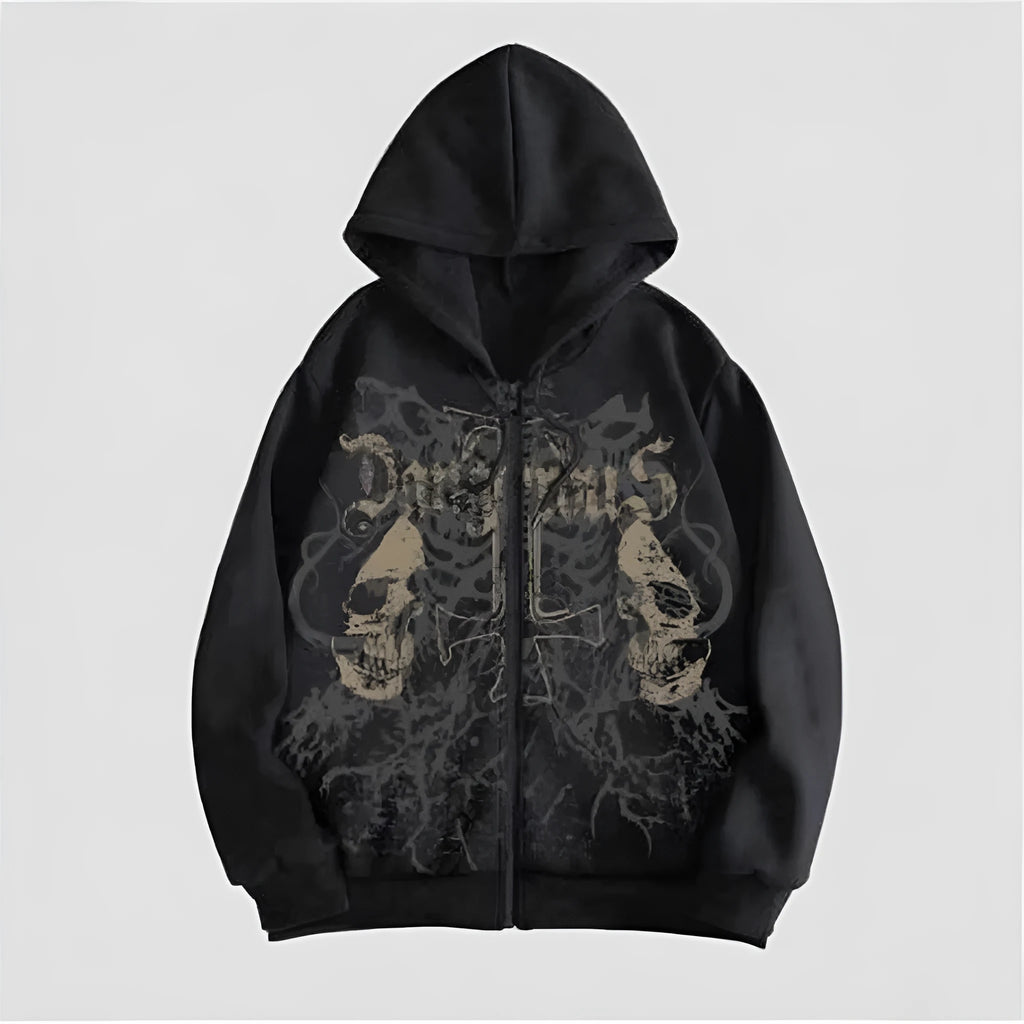 Men's black hooded sweatshirt with white skull print design, long sleeves, pullover style