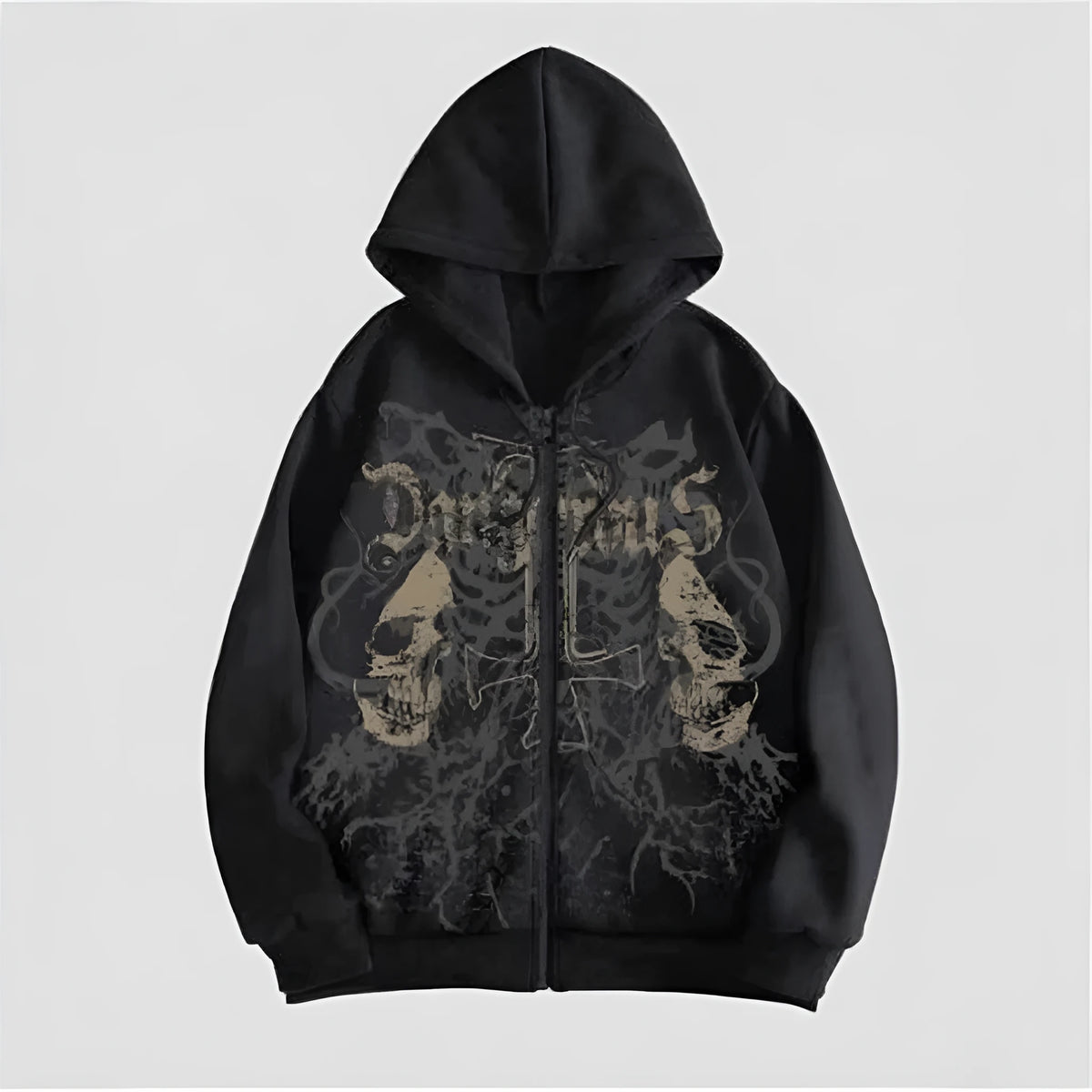 Men's black hooded sweatshirt with white skull print design, long sleeves, pullover style