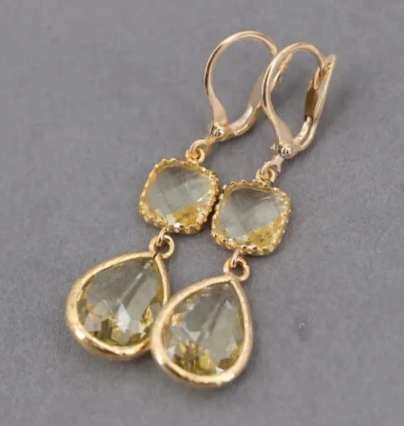 Gold geometric retro earrings with long crystal fringe and water droplet elements