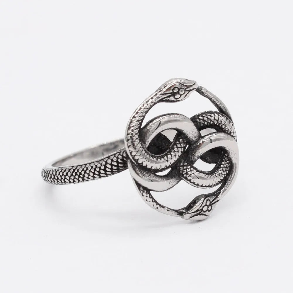 Steel-coloured titanium steel retro ring with a detailed double snake design on a finger.