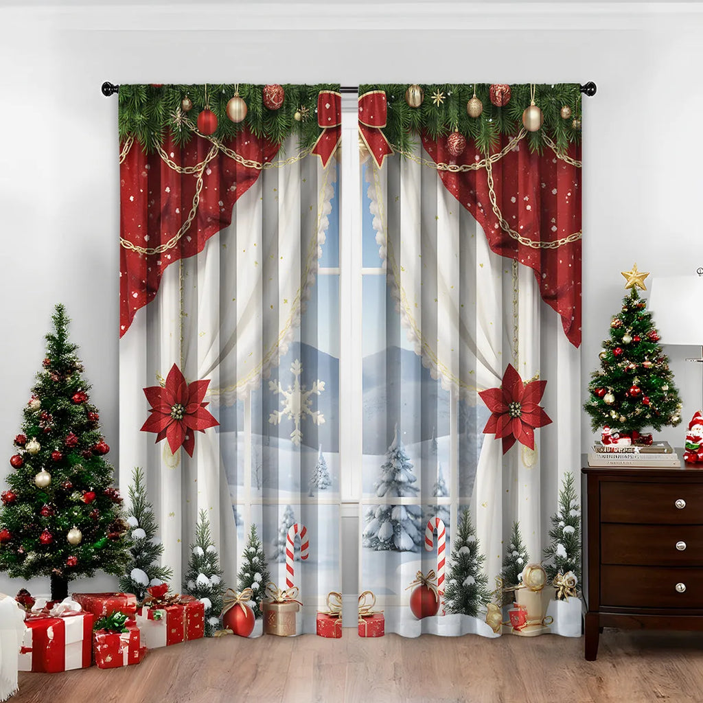 Set of two 3D digitally printed Christmas curtains with festive patterns