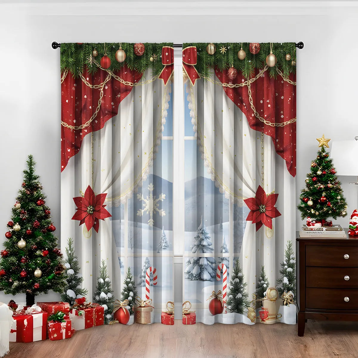 Set of two 3D digitally printed Christmas curtains with festive patterns