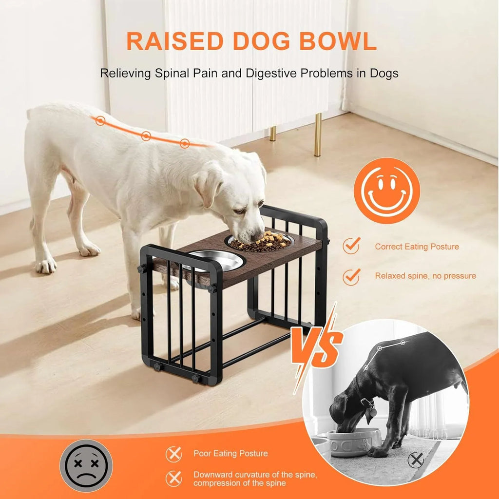 Black wooden dog bowl stand bracket on a floor holding a bowl