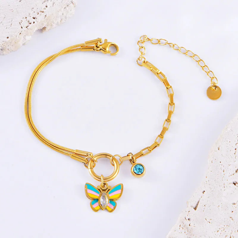Gold titanium steel butterfly necklace and bracelet set with snake bone chain for women
