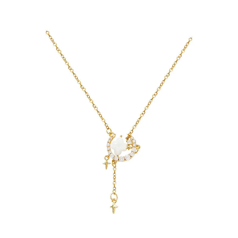 Women's star and moon necklace with zirconium stones on copper clavicle chain in gold colour