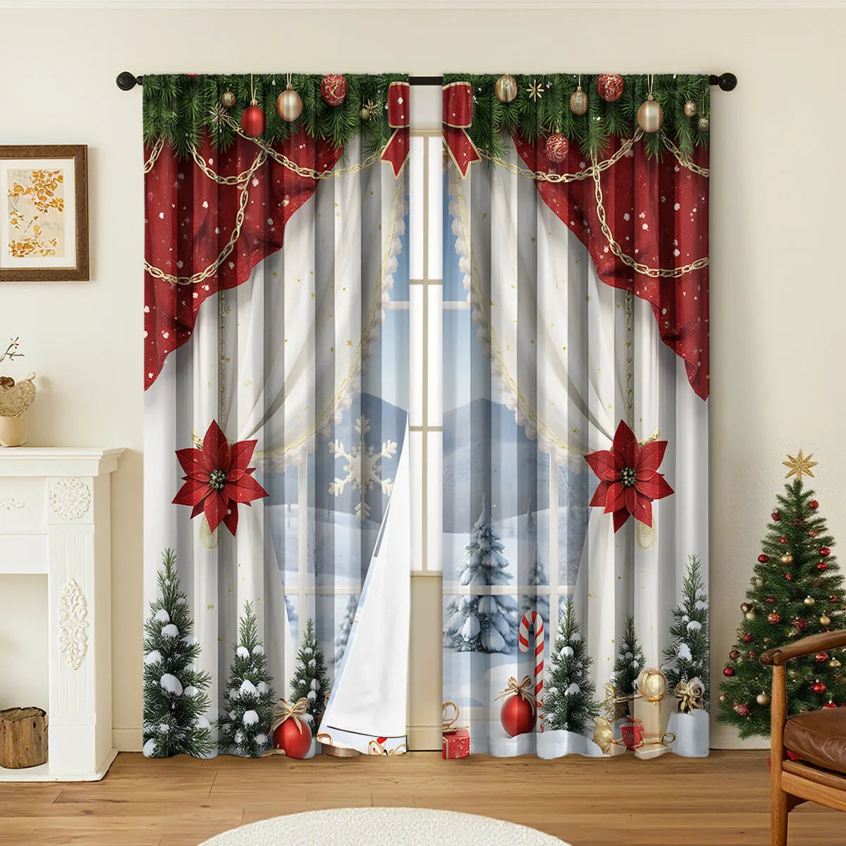 Set of two 3D digitally printed Christmas curtains with festive patterns