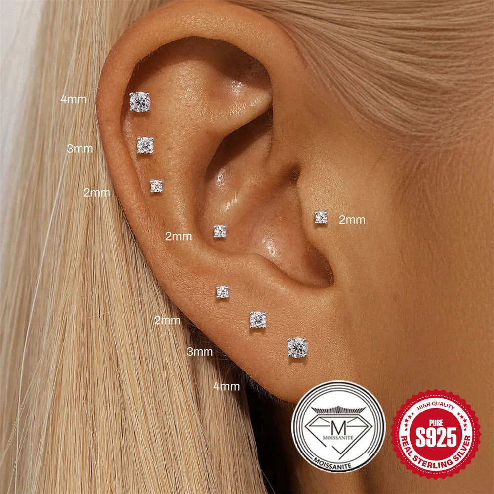 S925 Sterling Silver petal diamond stud earrings in platinum colour with geometric shapes including nose ring, triangle, and floral designs.