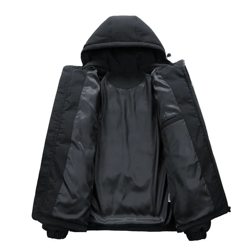 Men's black hooded cotton-padded coat with letter-print detail and side pockets