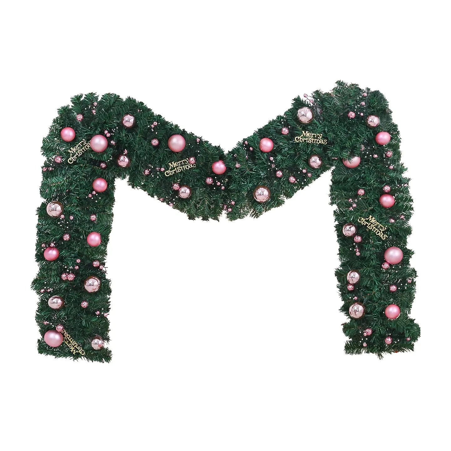 Long pink small fruit rattan Christmas garland draped over a stair bannister with optional LED lights