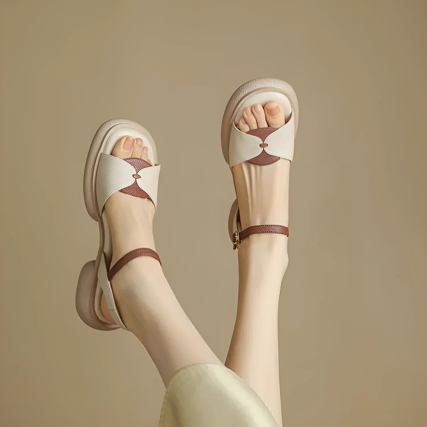 Women's beige chunky heel platform sandals with open toe and adjustable ankle strap.