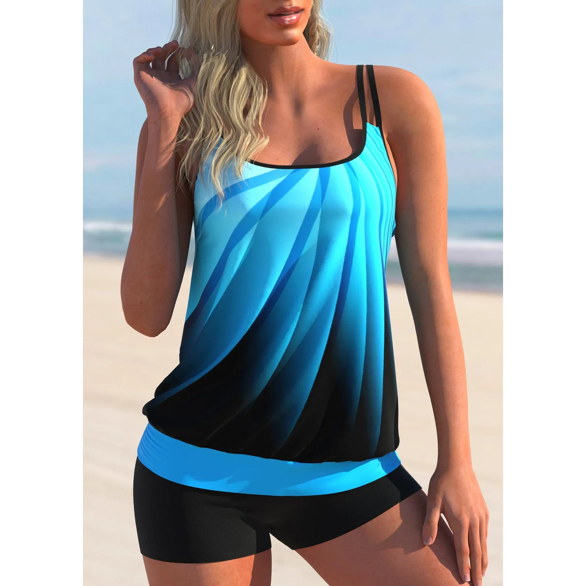 Plus size women's swimsuit with strapless top and matching shorts in butterfly print pattern