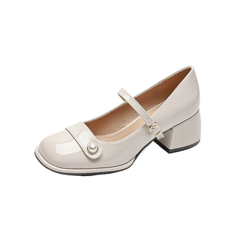 Women's patent leather chunky heel pumps with buckle closure and square toe