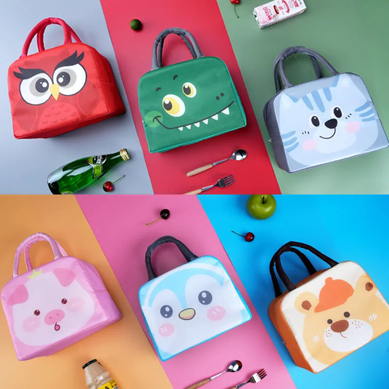 Cartoon insulated lunch box bag for children in multiple colour options with aluminium foil lining.