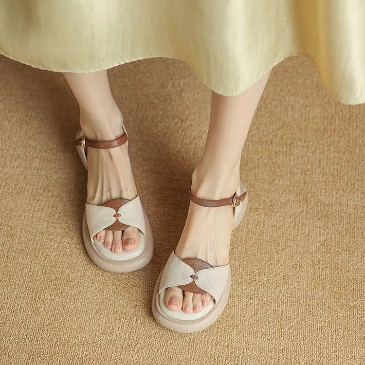 Women's beige chunky heel platform sandals with open toe and adjustable ankle strap.