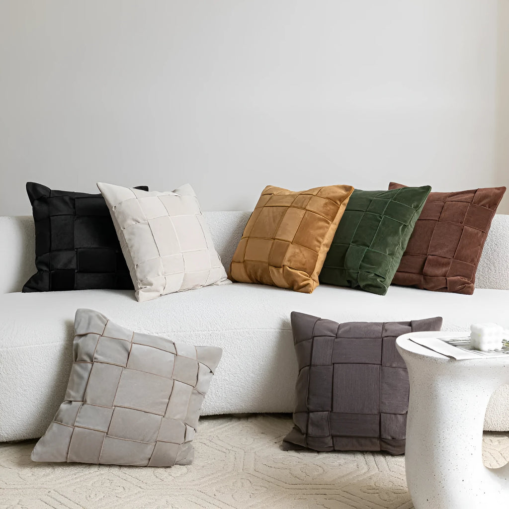 Square 50x50cm chenille woven cushion in a choice of colours like retro green or beige, shown on a sofa.