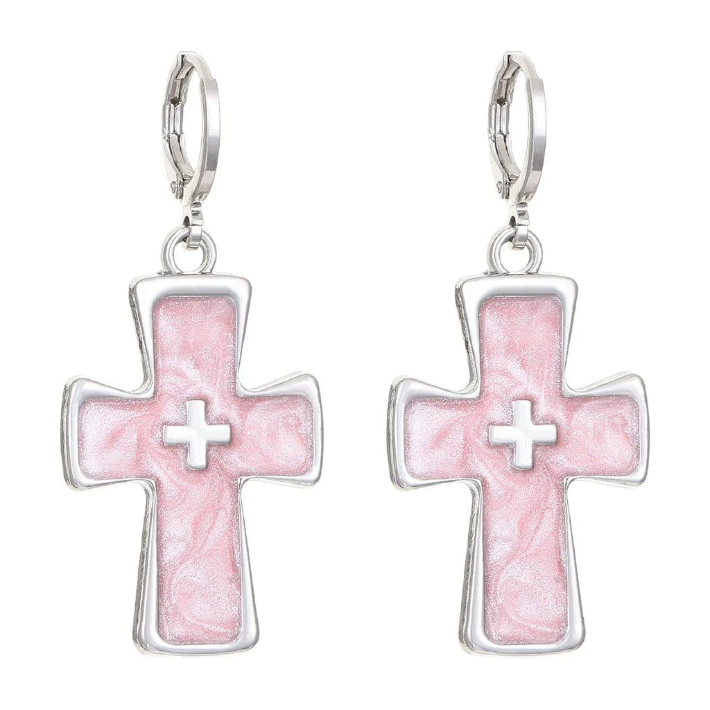 Women's alloy cross crystal earrings in white, black, and silver with geometric and character designs