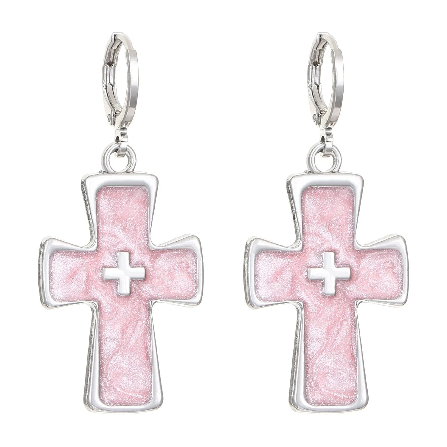 Women's alloy cross crystal earrings in white, black, and silver with geometric and character designs