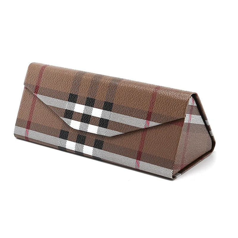 Handmade black triangular folding glasses case for full rim spectacles, shown open and closed.