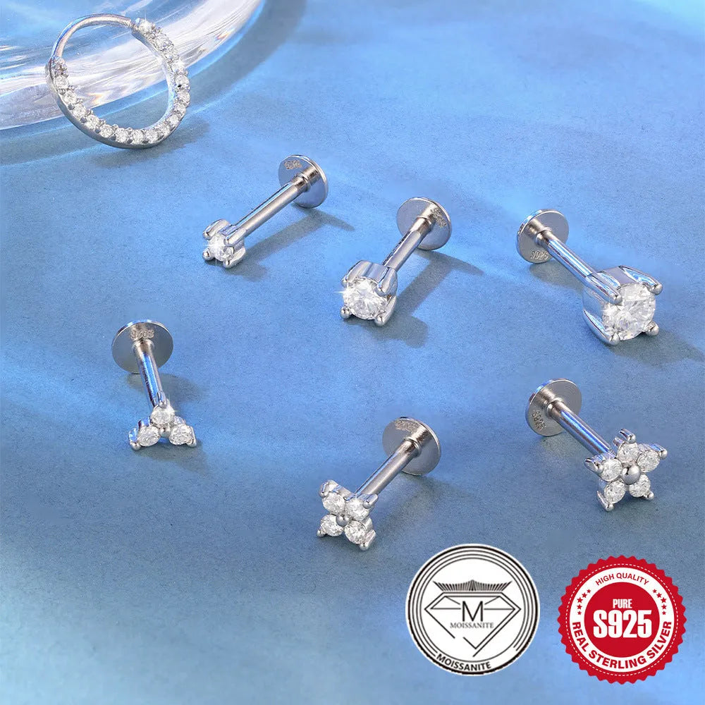 S925 Sterling Silver petal diamond stud earrings in platinum colour with geometric shapes including nose ring, triangle, and floral designs.