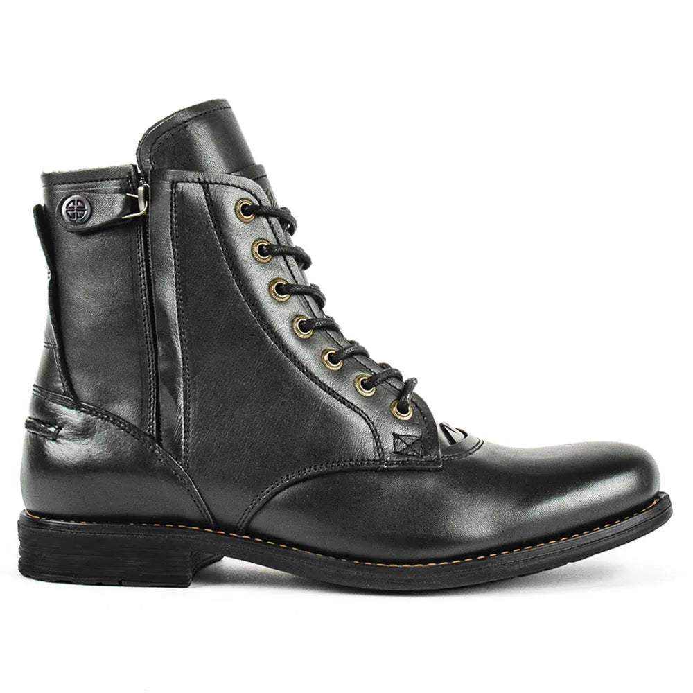 Black Knight Series leather boot with side zip and low heel on a grey background.