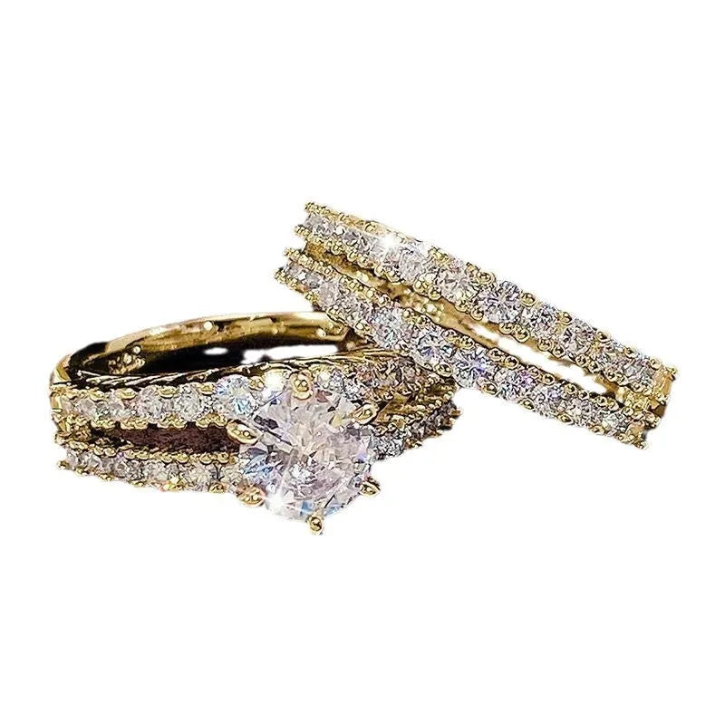 Fully-jewelled 2-in-1 female ring set in geometry design with diamond treatment, shown in silver, gold, and rose gold colours.