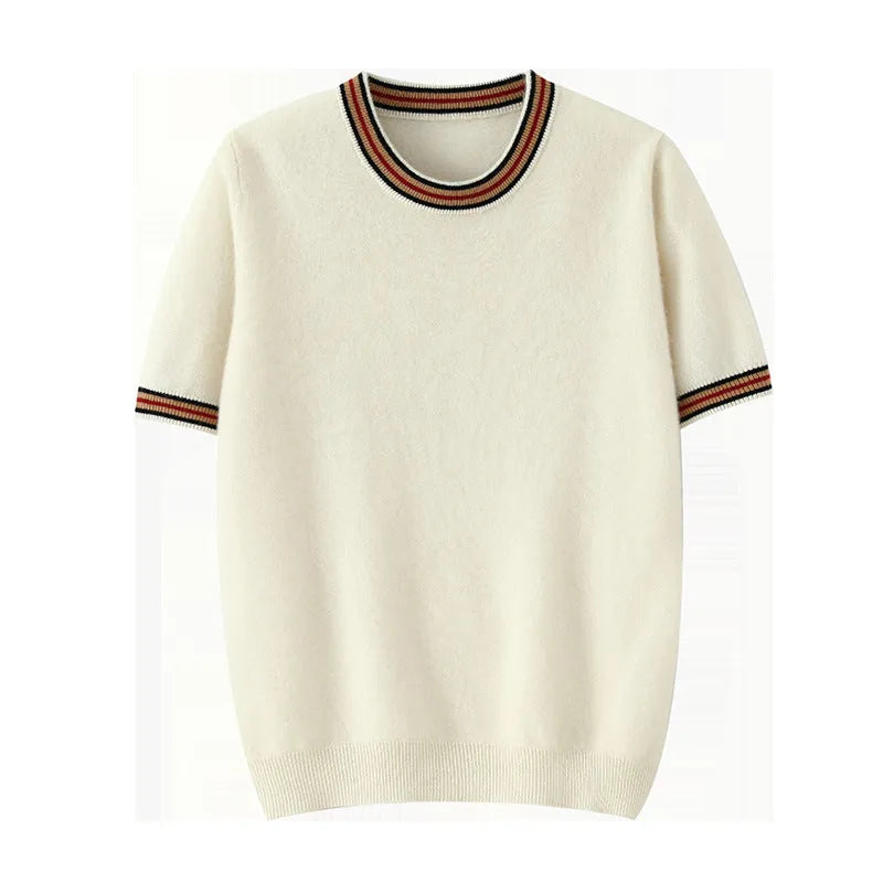 Men's grey pure wool short sleeve round neck sweater pullover laid flat
