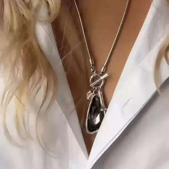 Women's long geometric pendant necklace with plaid pattern and snake bone chain in alloy