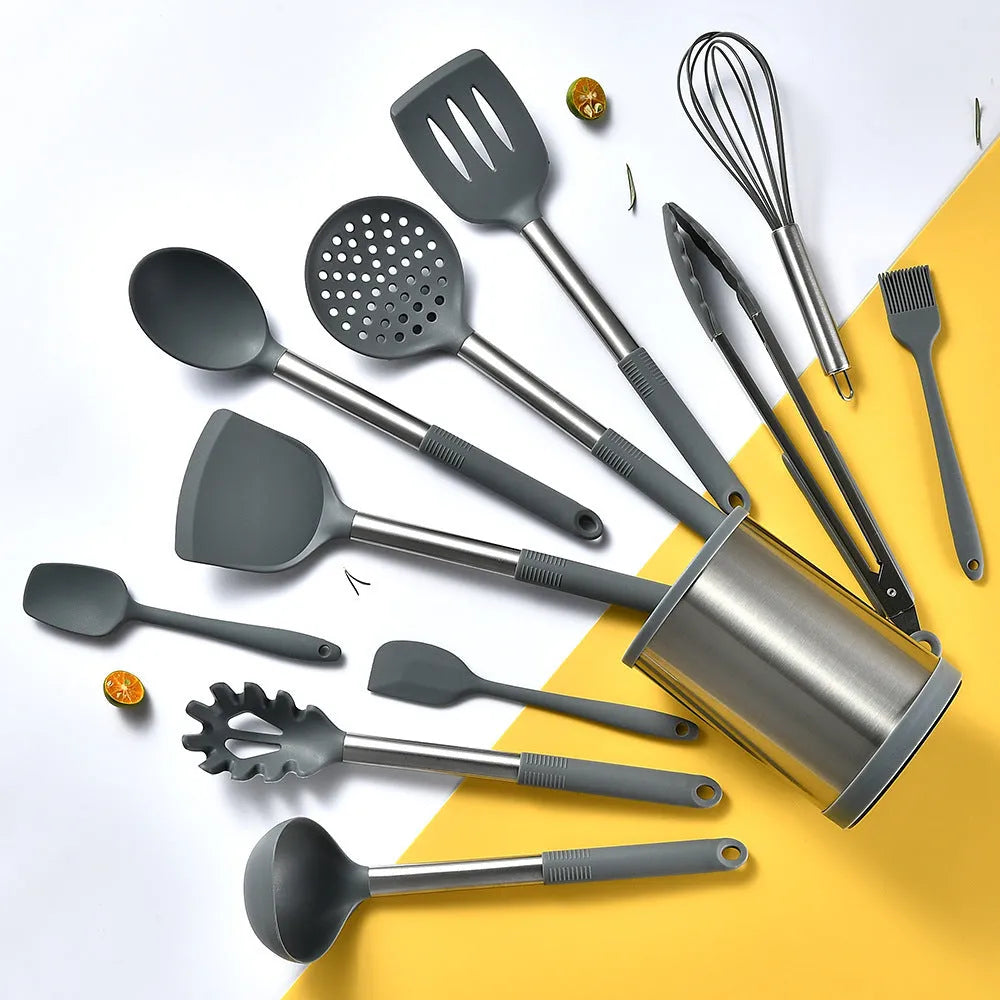 12 piece silicone kitchenware set with rotating storage bucket including ladle spatula and food clip in black