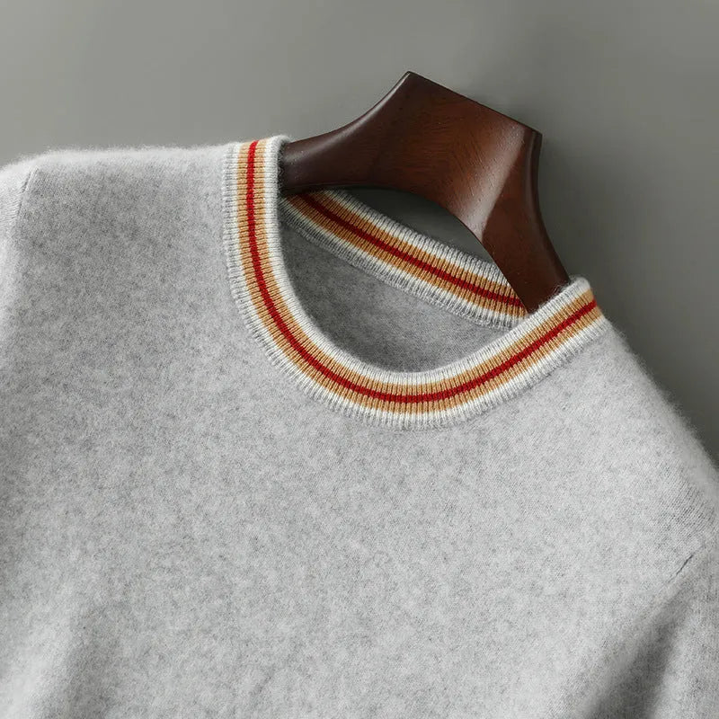 Men's grey pure wool short sleeve round neck sweater pullover laid flat