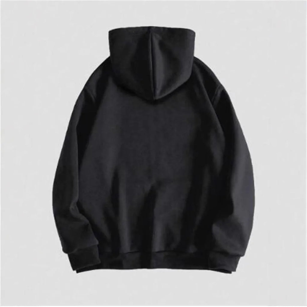 Men's black hooded sweatshirt with white skull print design, long sleeves, pullover style