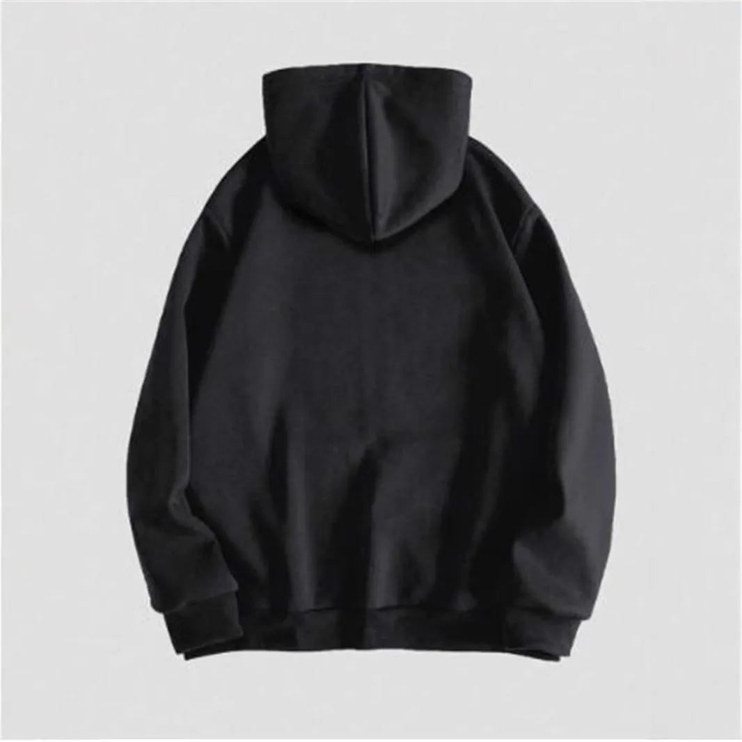 Men's black hooded sweatshirt with white skull print design, long sleeves, pullover style