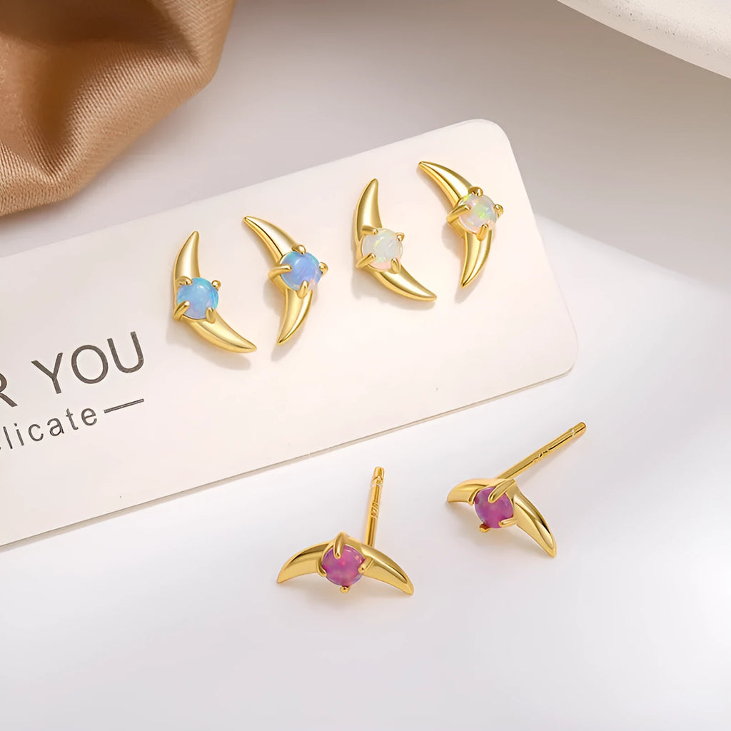 Geometric women's stud earrings in 925 silver with coloured stone accents