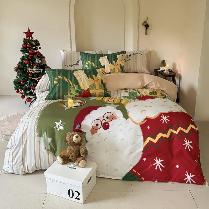 Christmas style super soft washed cotton printed four-piece bedding set with cartoon digital print patterns