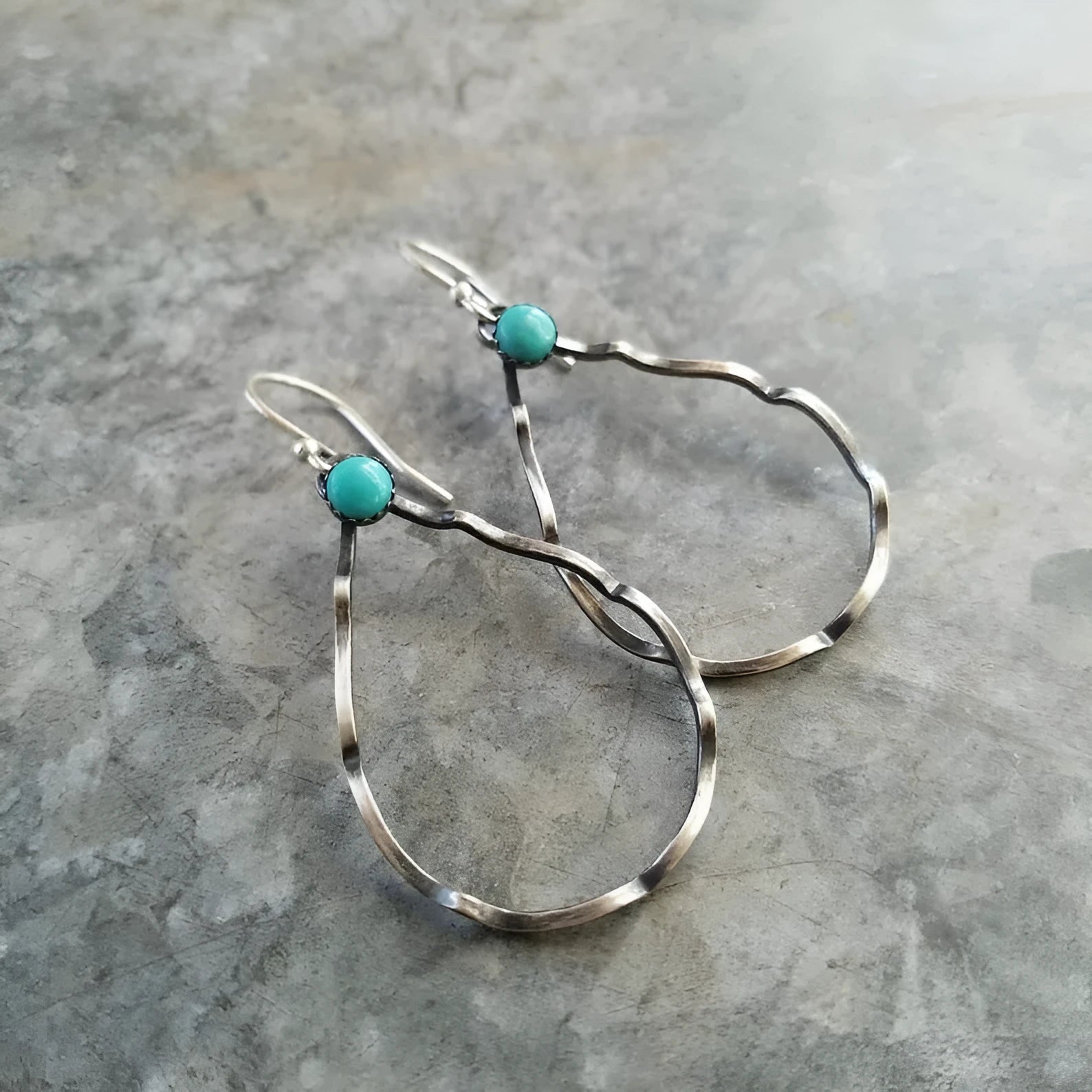 Turquoise vintage bohemian circle earrings with antique silver alloy construction