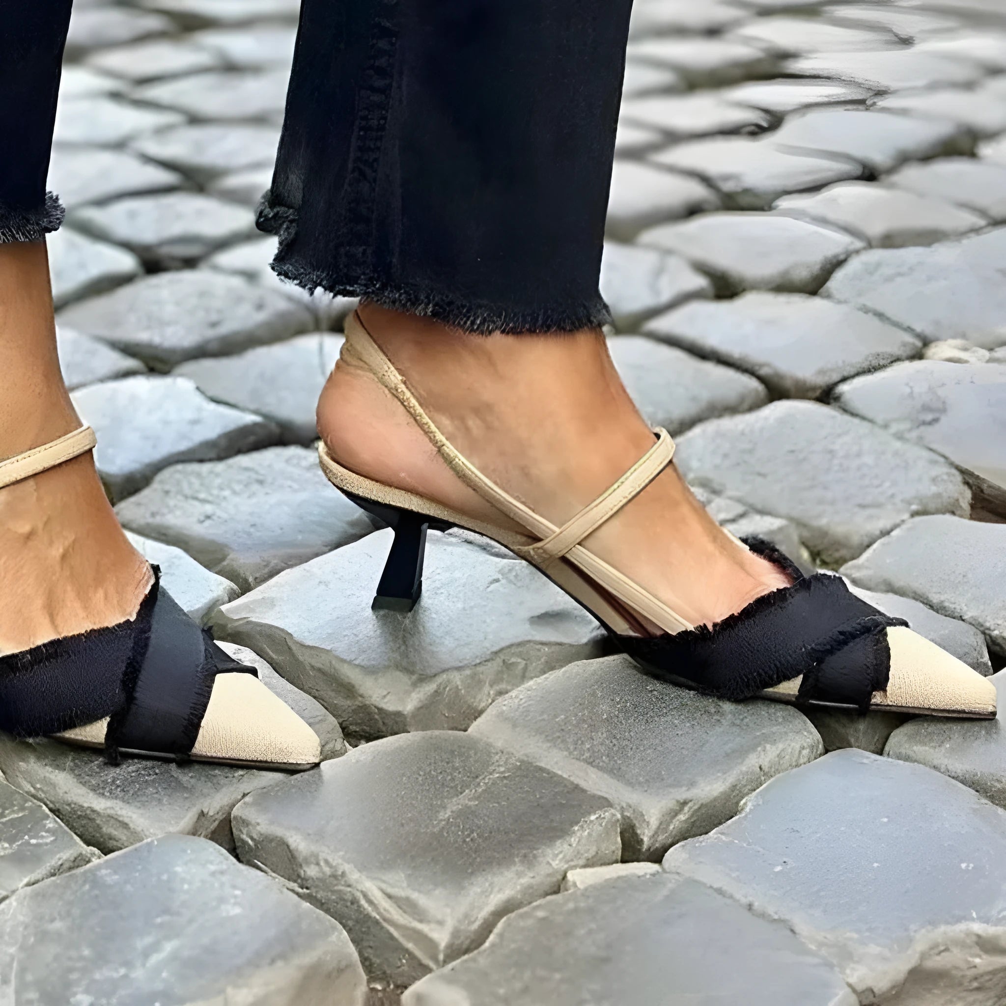 Women's apricot and black colour block pointed toe stiletto sandals with buckle fastening