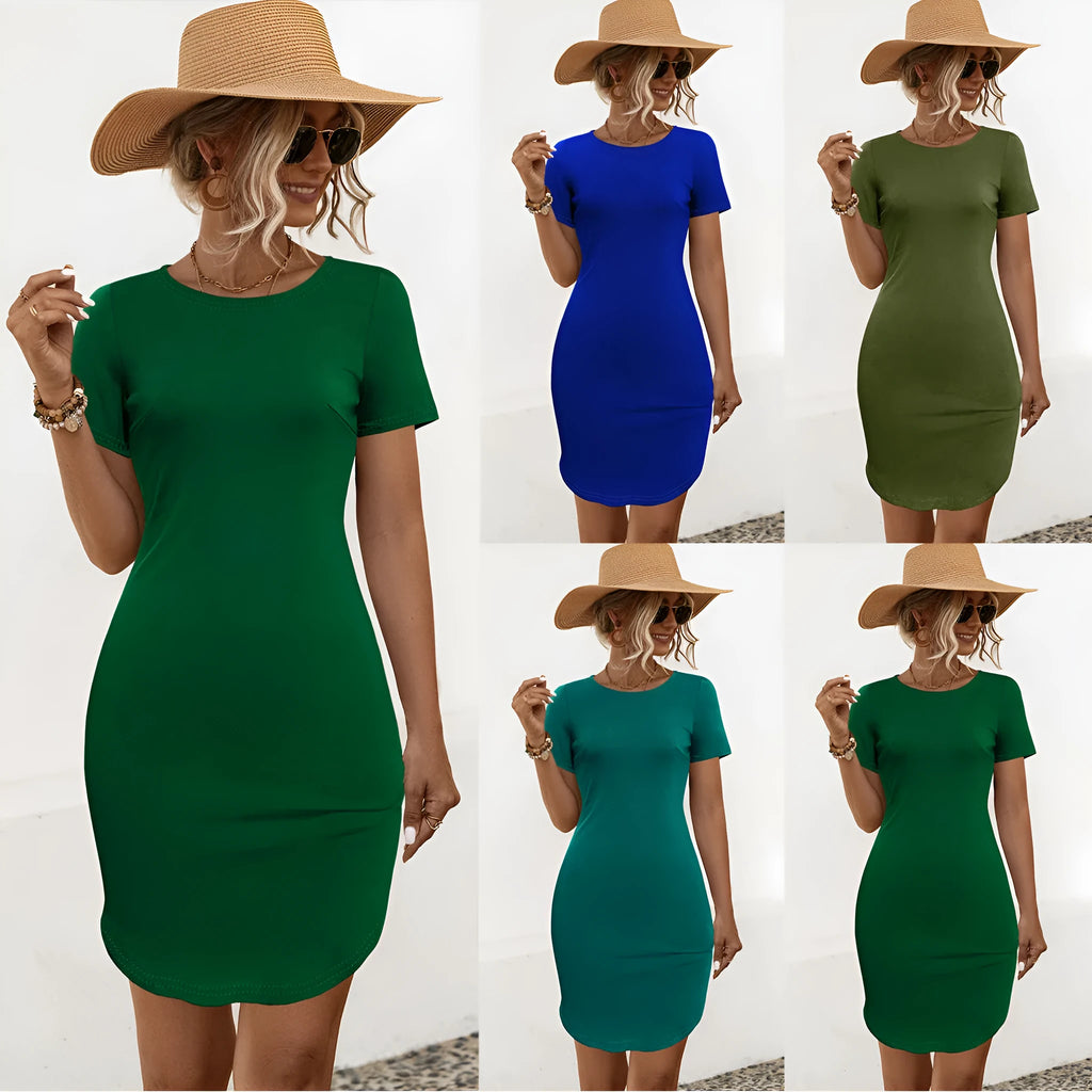 Women's slim fit solid colour short sleeve dress with U-neck on a mannequin, showing dark green and blue colour options.