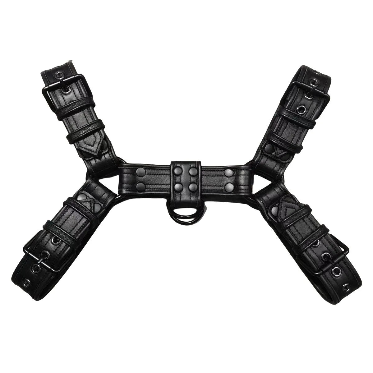 Black leather chest strap with metal buckle and rivet detailing for adult male costume wear