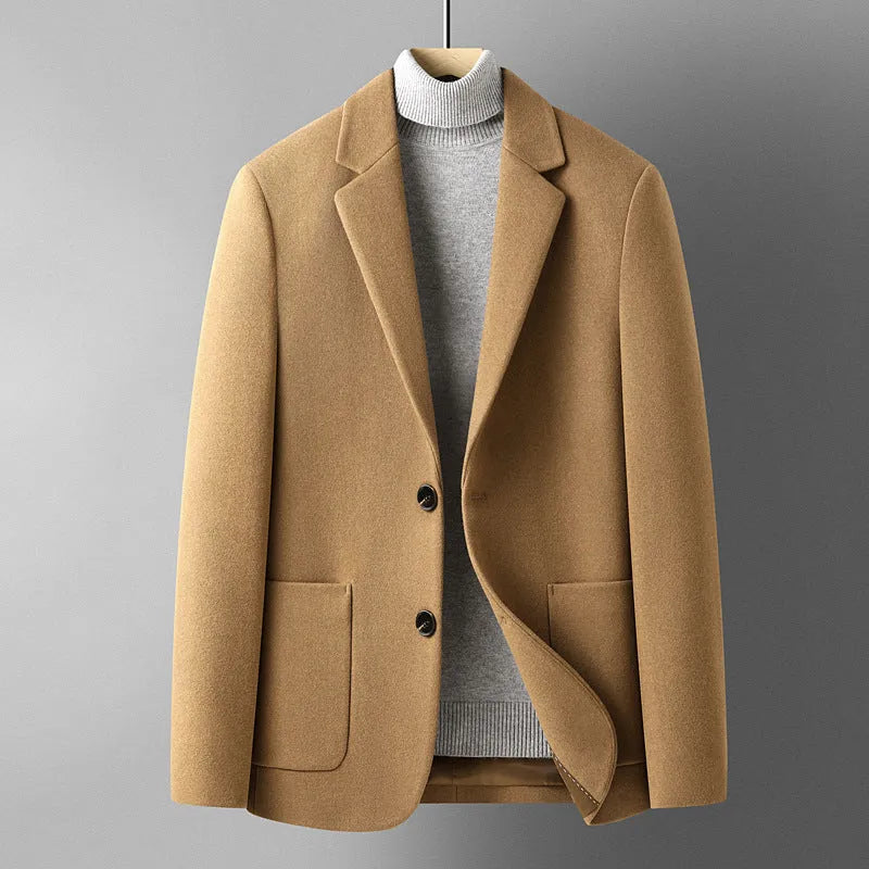 Men's short woolen suit jacket in grey showing slim fit non-iron design for autumn