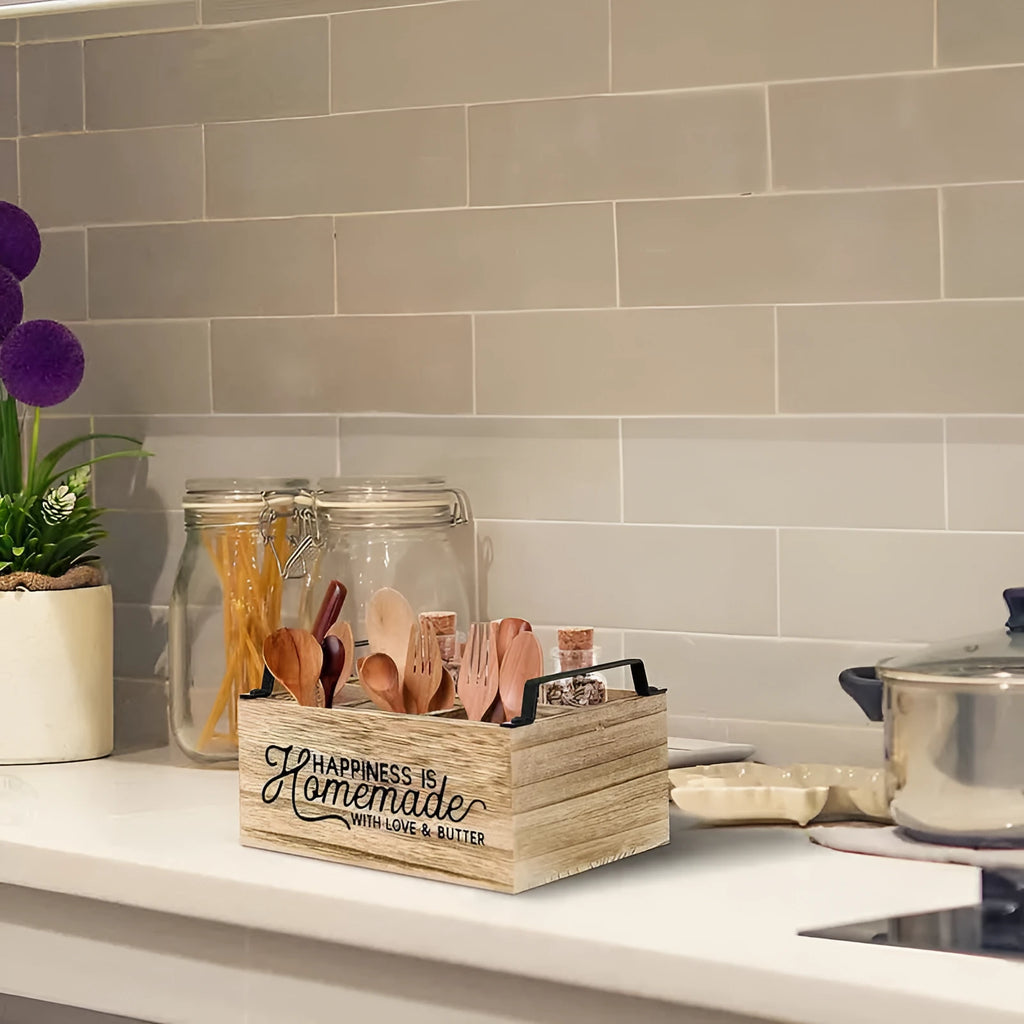 Wooden kitchen storage box with grid compartments for organising cutlery and tableware