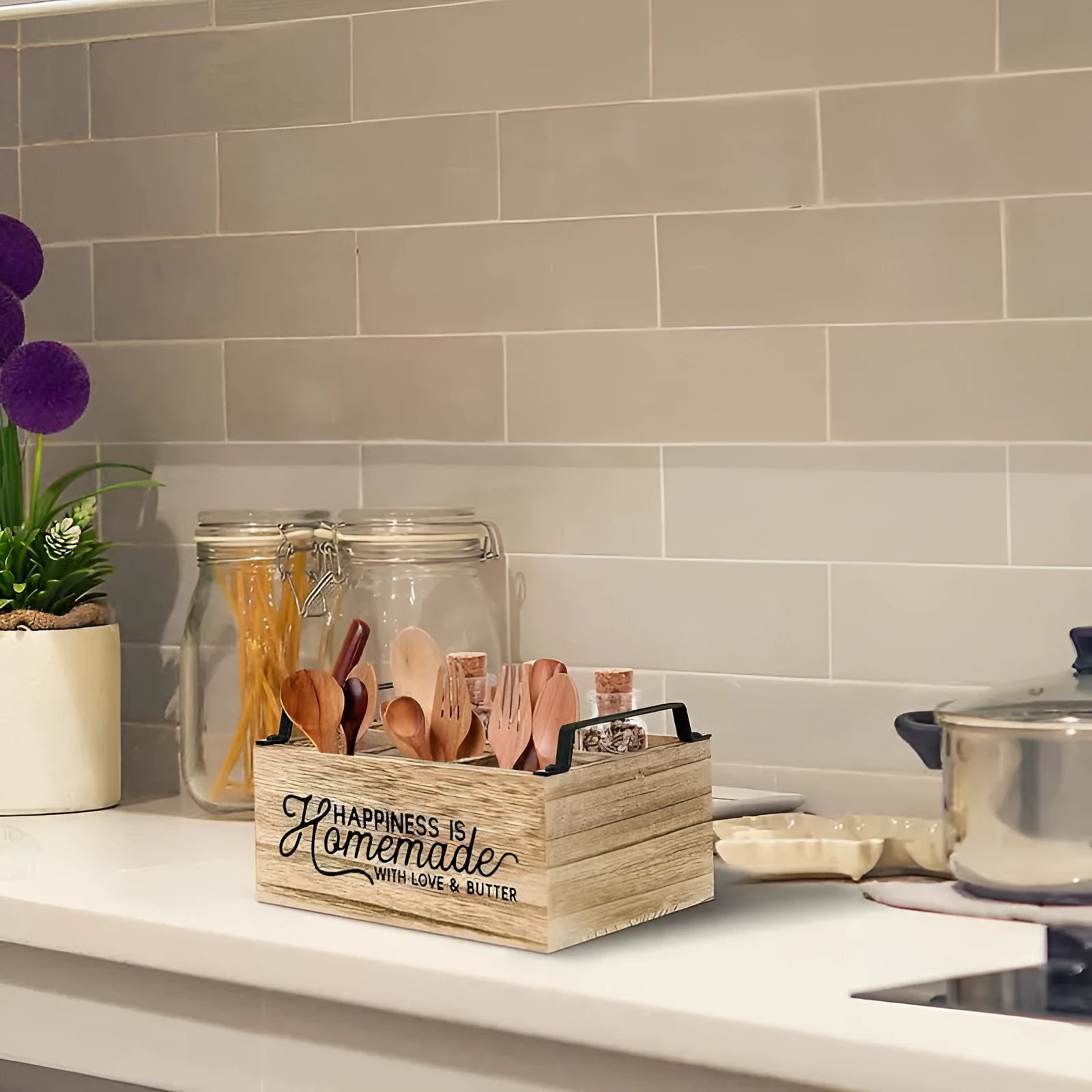 Wooden kitchen storage box with grid compartments for organising cutlery and tableware