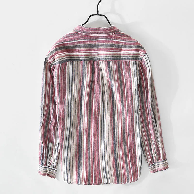 Men's striped linen casual shirt in grey colour with loose fit design and long sleeves