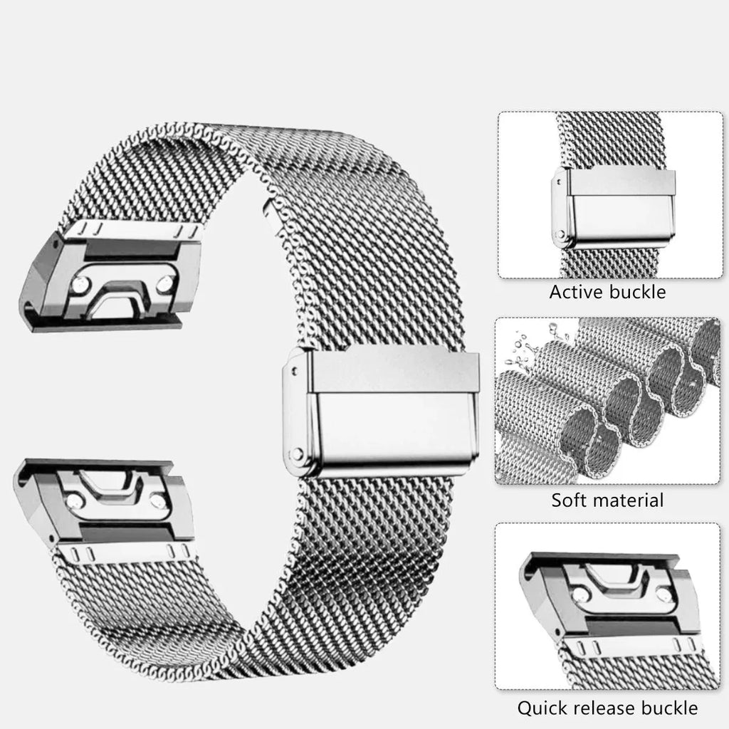 Stainless steel Garmin Fenix watch strap with integrated card slot in silver, black, gold, and rose gold.