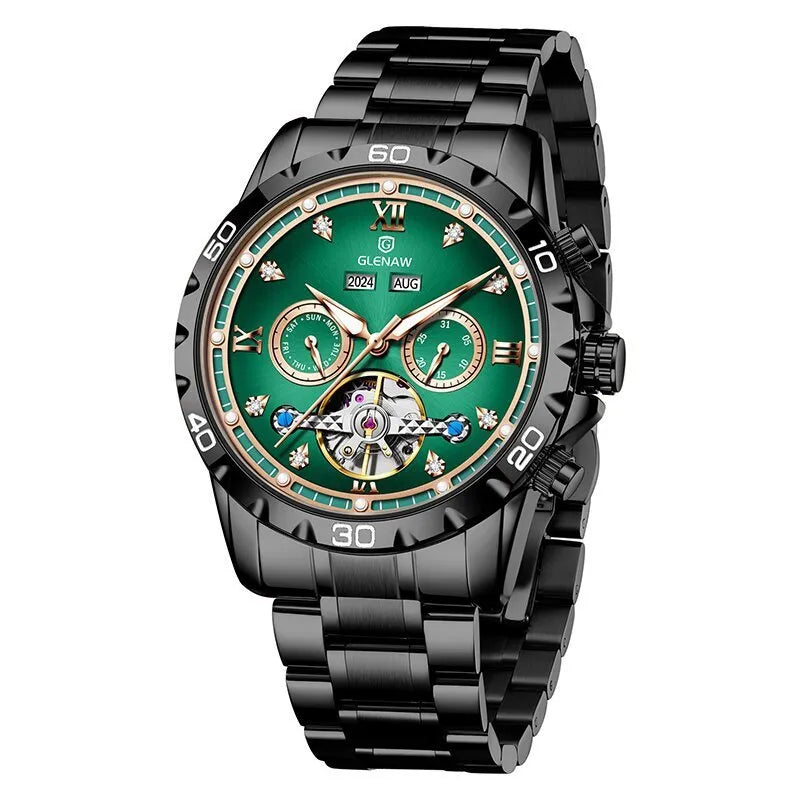 Men's automatic mechanical watch with stainless steel strap and mineral glass in business style