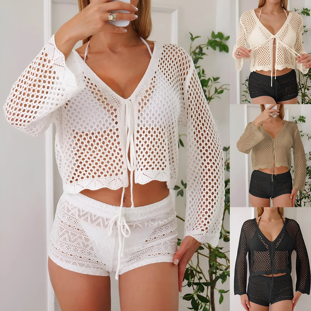 Women's apricot hollow woven cardigan blouse with short length and bell sleeves on a model