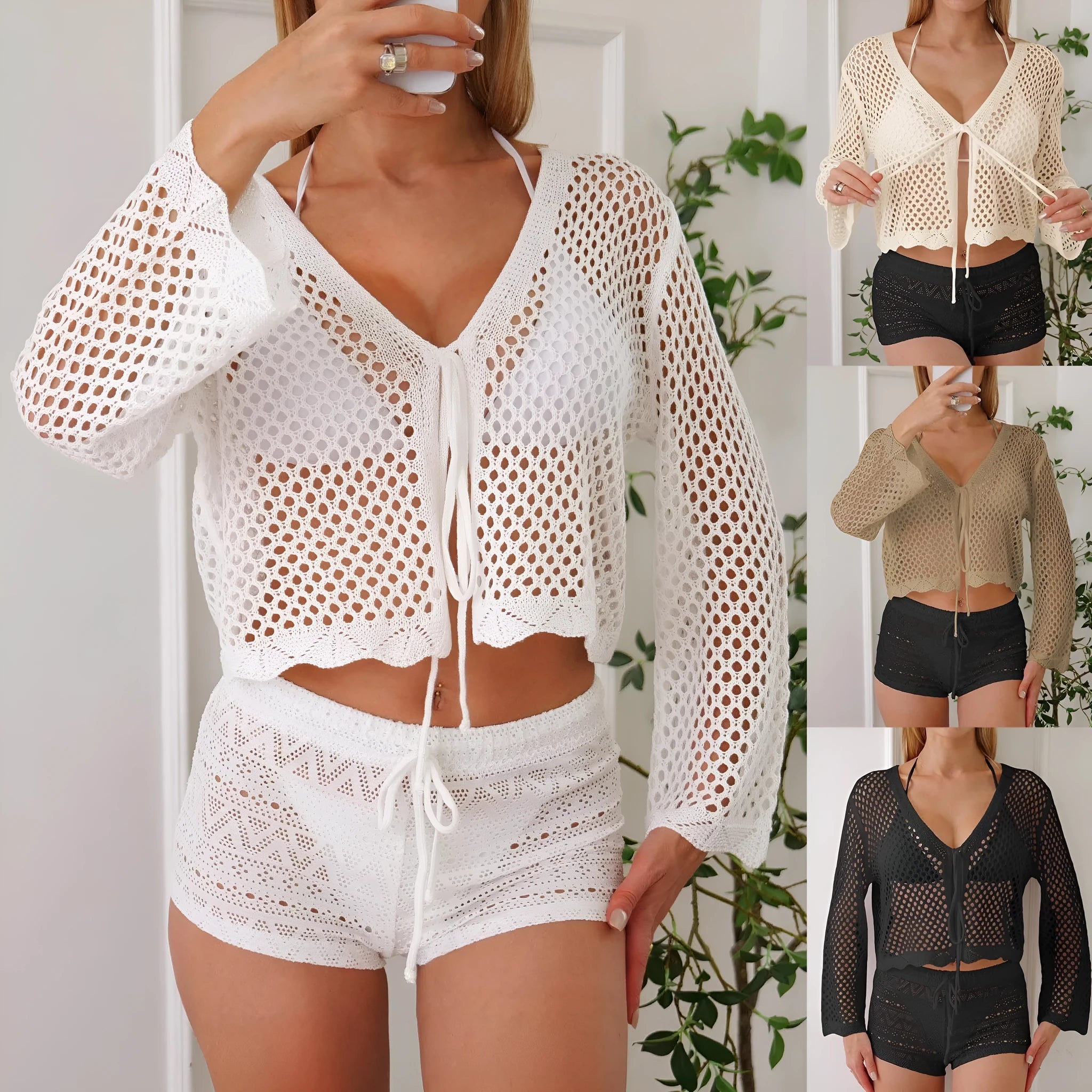 Women's apricot hollow woven cardigan blouse with short length and bell sleeves on a model
