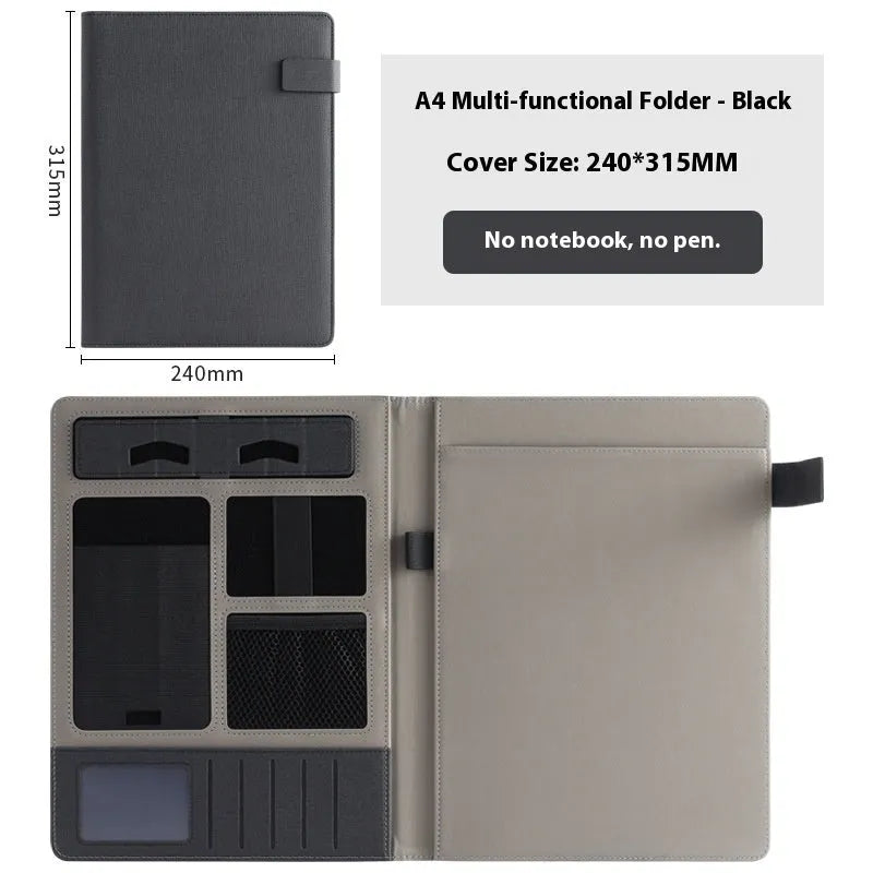 Leather A4 business folder with optional pen and notepad accessories in black colour